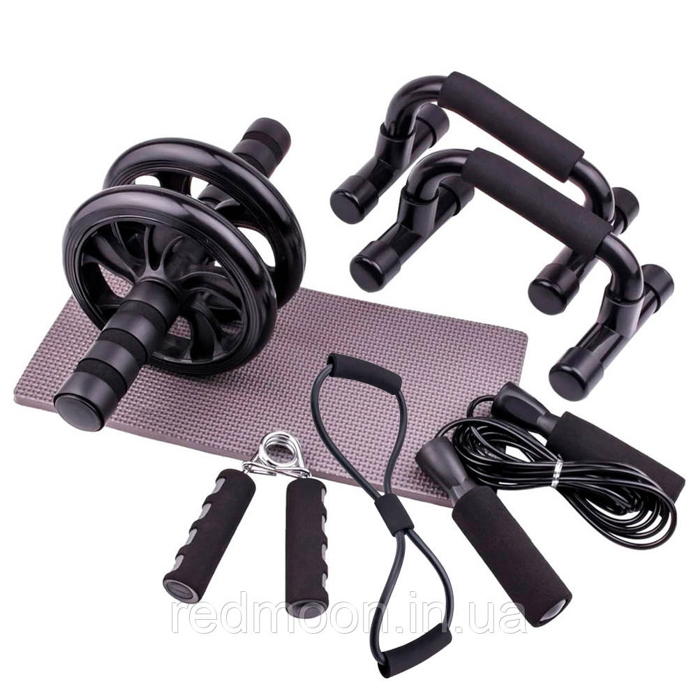 Фітнес набір 7 в 1: ролик преса, брусся для віджимань, еспандер, скакалка / Спортивний набір для дому / Набір для тренувань вдома, фото 1