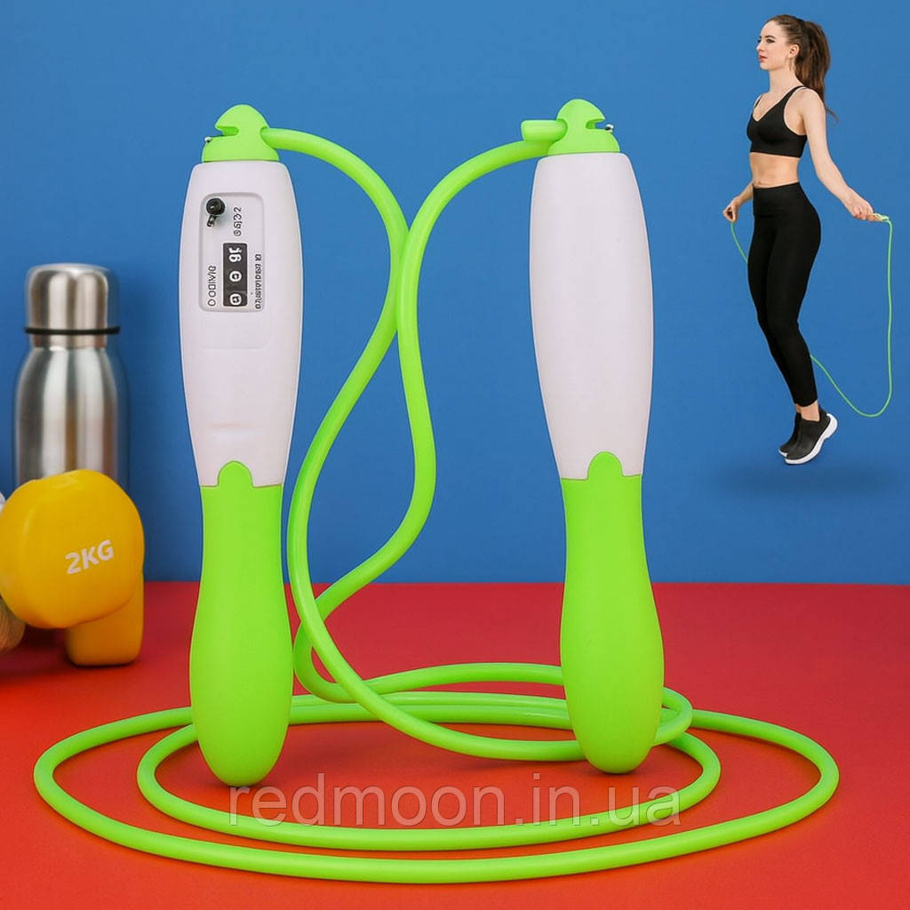 Скакалка з лічильником (2,7 м), Кеглі, Зелений/ Скакалка з регульованим шнуром і підрахунком стрибків, фото 1