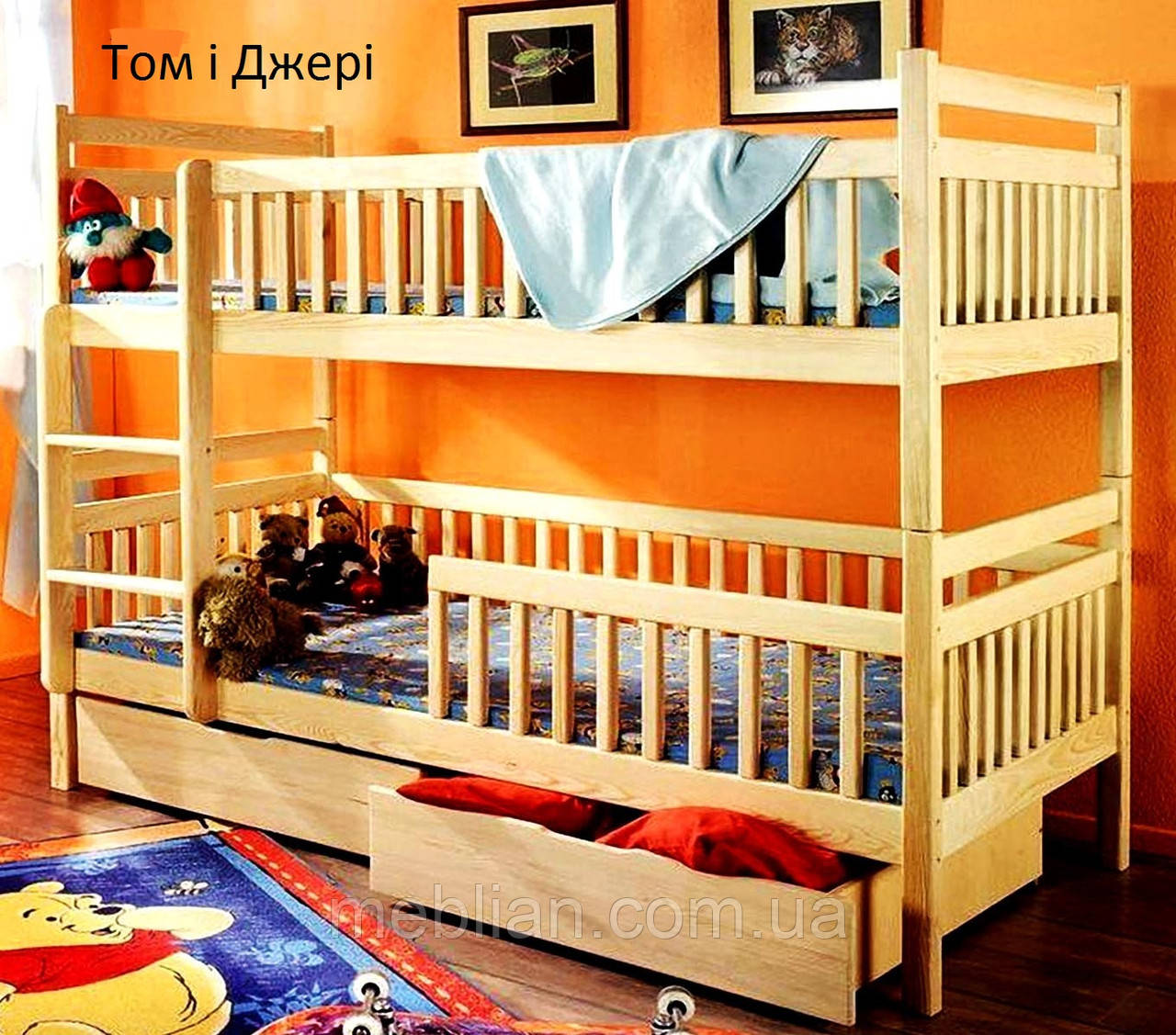 Ліжко двоярусне з натурального дерева "Том і Джері", фото 1