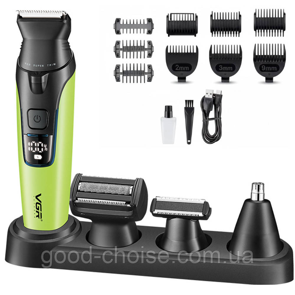 Набір для стрижки 13 насадок, від USB, VGR V-634, Зелений / Машинка для стрижки / Тример для стрижки, фото 1