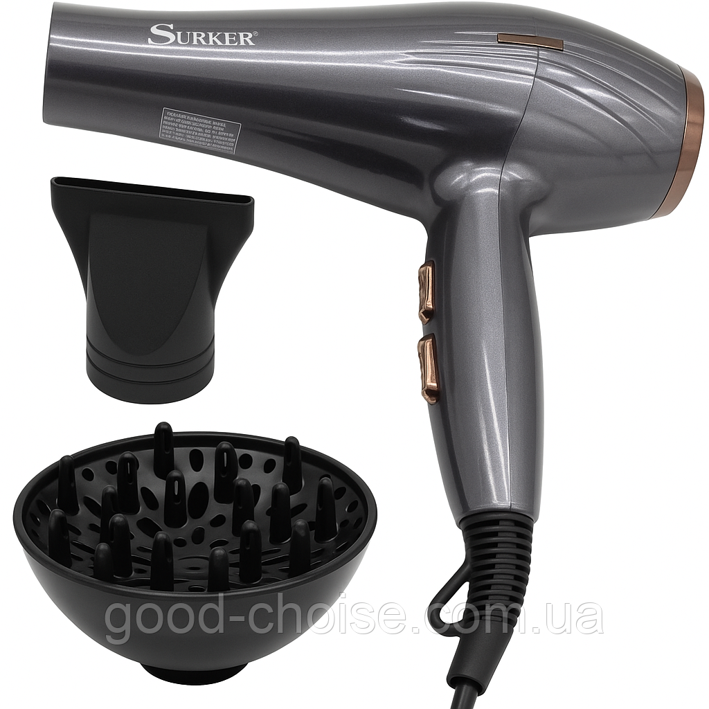 Фен для сушіння волосся від мережі + 2 насадки, 5000Вт, SURKER 3305 / Фен для волосся / Сушка для волосся, фото 1