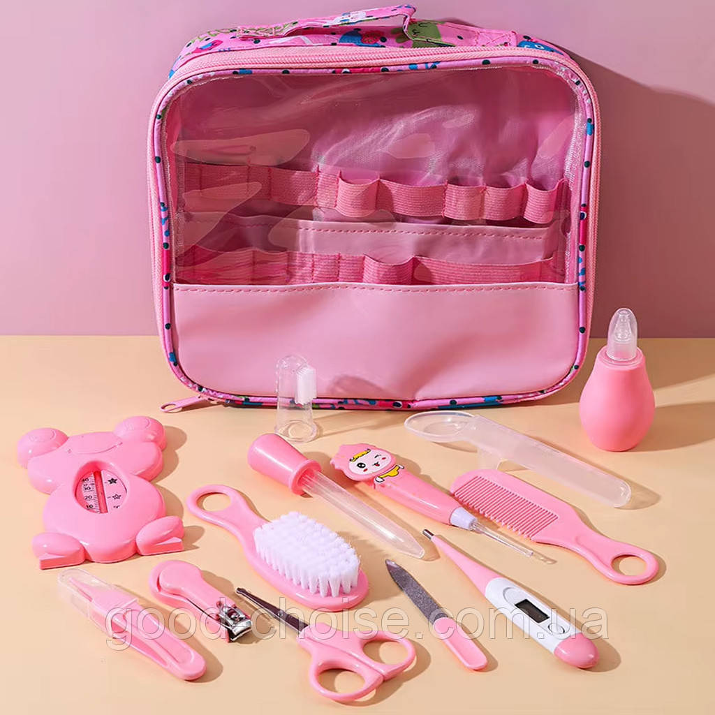 Дитячий комплект для догляду, 13 предметів + Футляр, Рожевий/Набір для новонароджених/комплект для дитячої гігієни, фото 1
