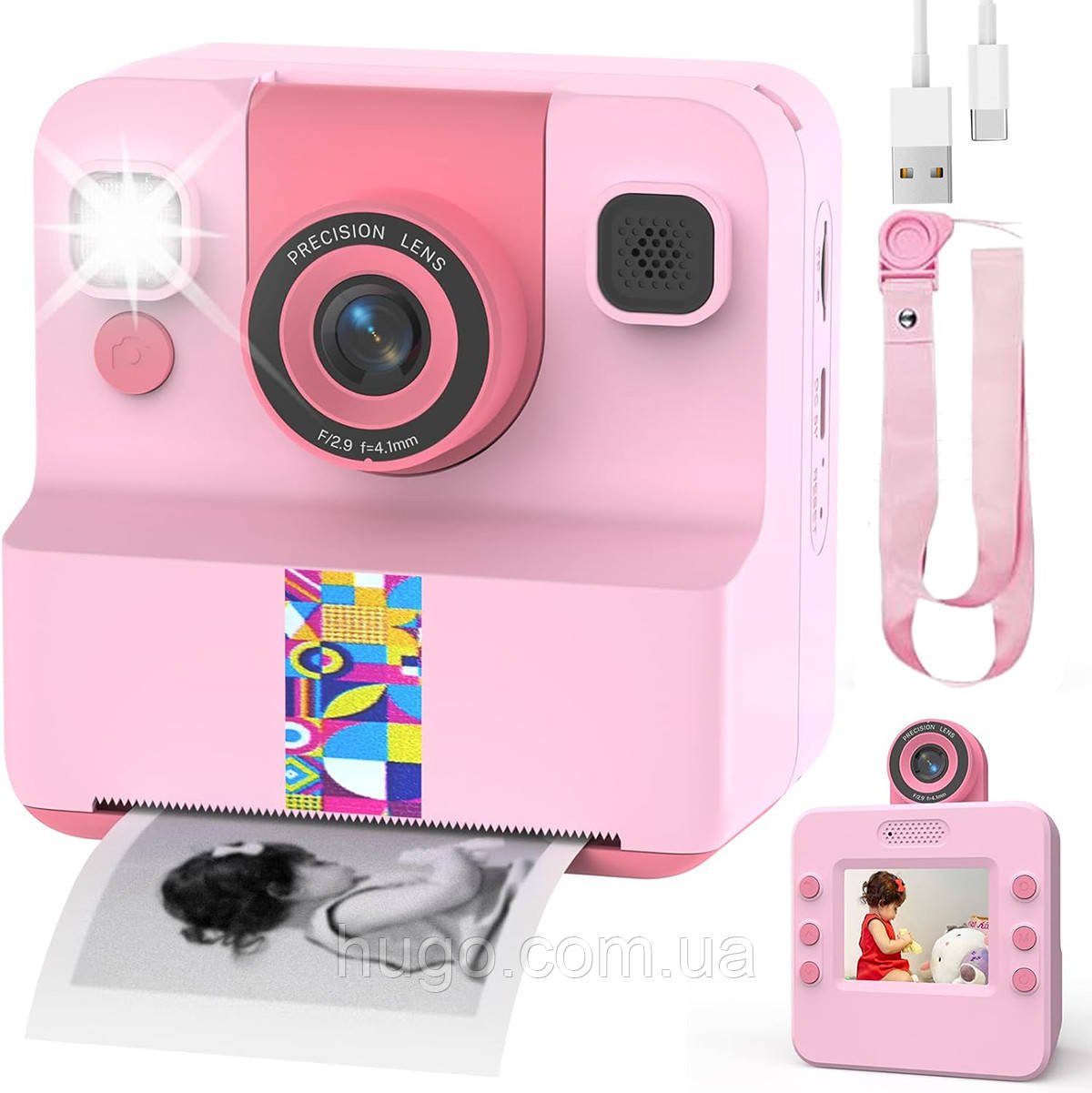 Дитяча фотокамера миттєвого друку 12Мп, від USB + термопапір, Рожевий / Цифровий фотоапарат миттєвого друку, фото 1