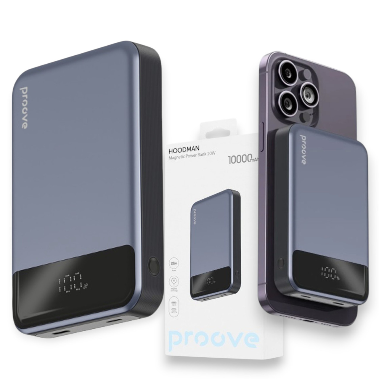 Павербанк Proove Hoodman 10000 mAh MagSafe 20W з бездротовою зарядкою та LED-дисплеєм, графіт, фото 1