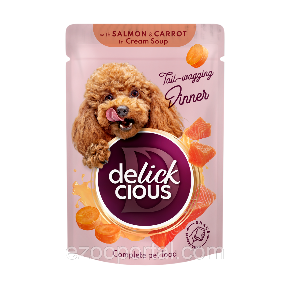 Вологий корм Delickcious Смужки з лососем та морквою в крем-супі для собак 12шт x 85г, фото 1