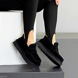 Теплі чорні замшеві ультранизькі уги автоледі з натуральним хутром 38