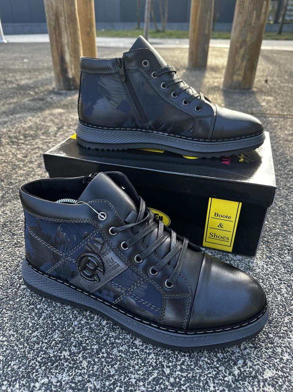 Чоловічі зимові черевики Casual з натуральної шкіри чорно-сині на хутрі, фото 1