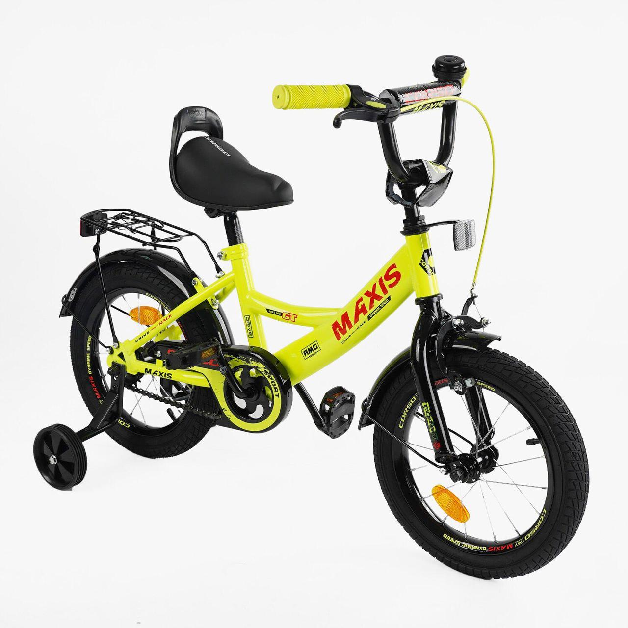 Дитячий двухколісний велосипед 14" дюймів CORSO MAXIS CL-14663 ручне гальмо дзвіночок сидіння з ручкою додаткові колеса, фото 1