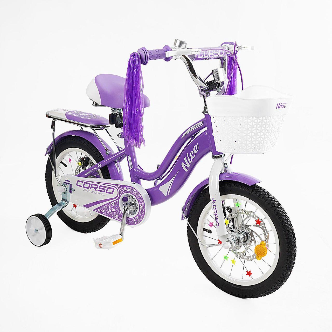 Дитячий двухколісний велосипед 14" Corso Nice NC-14021 дискові гальма додаткові колеса кошик, фото 1