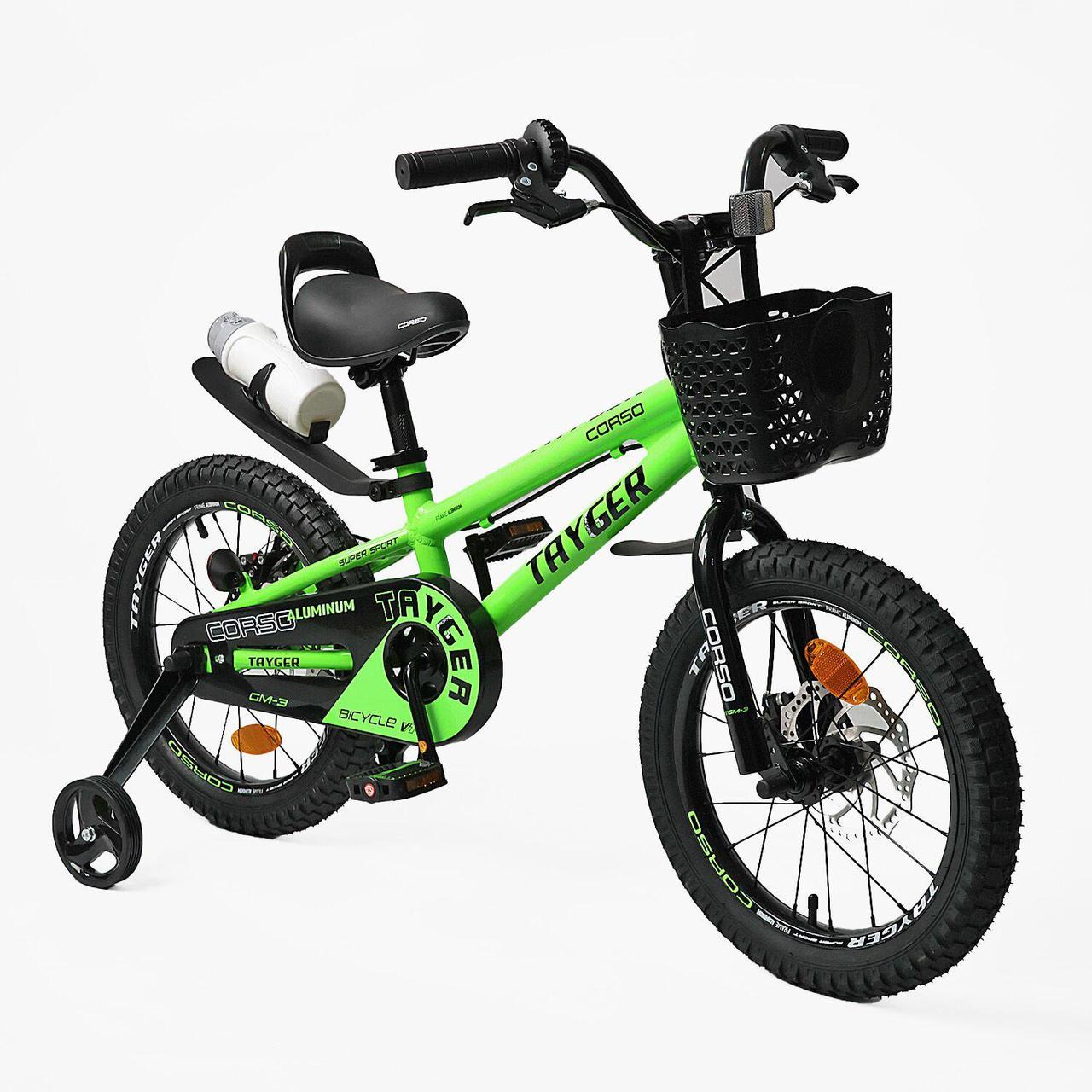 Дитячий двухколісний велосипед TAYGER 16" CORSO TG-70411 алюмінієва рама дискові гальма додаткові колеса кошик бутилочка, фото 1