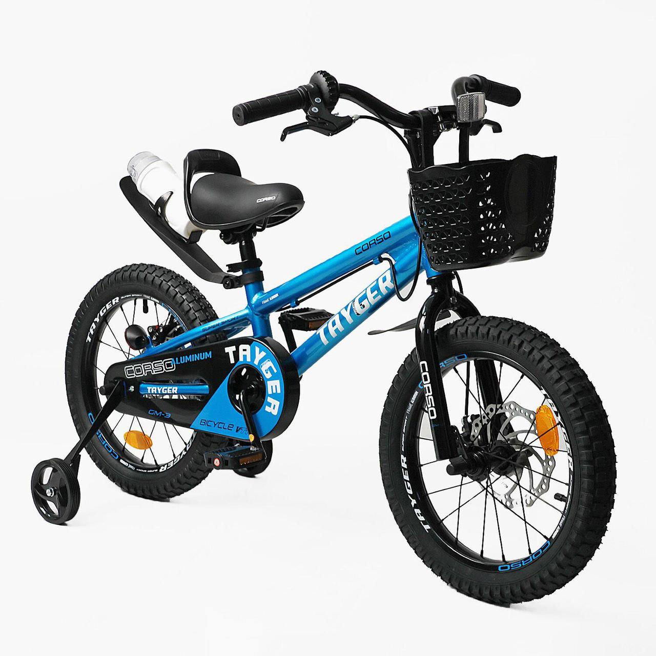Дитячий двухколісний велосипед TAYGER 16" CORSO TG-40654 алюмінієва рама дискові гальма додаткові колеса кошик бутилочка, фото 1