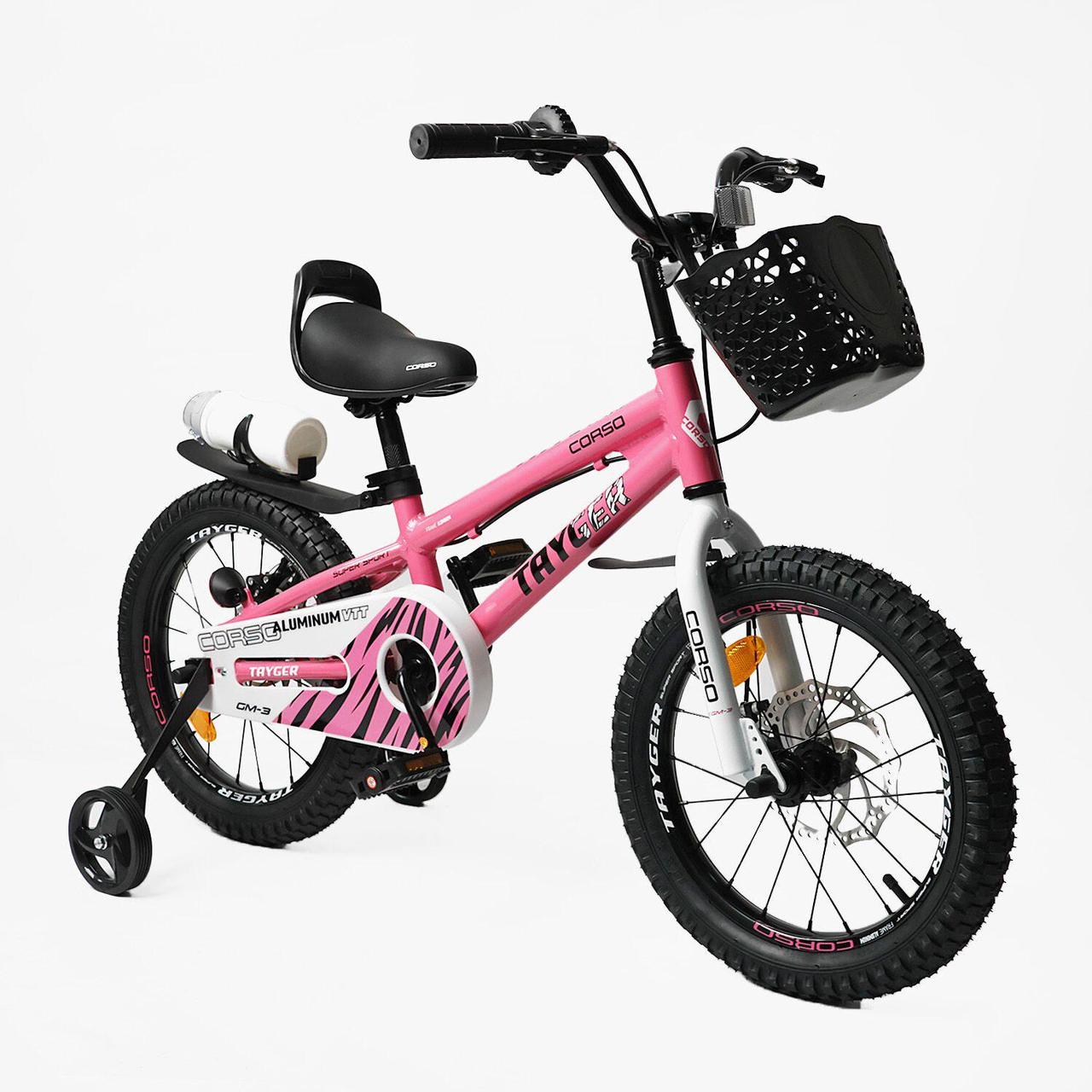 Дитячий двухколісний велосипед TAYGER 16" CORSO TG-21476 алюмінієва рама дискові гальма додаткові колеса кошик бутилочка, фото 1