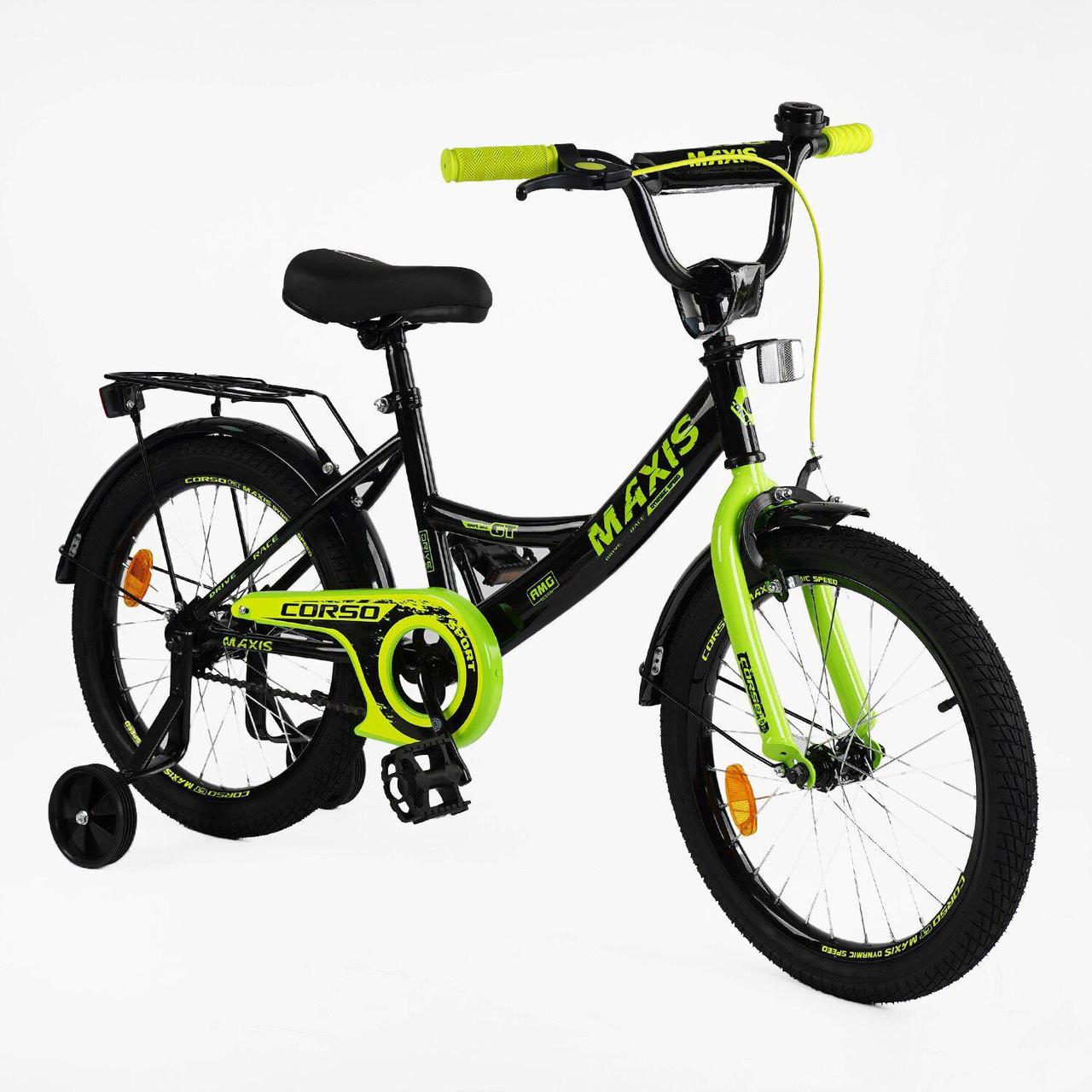 Дитячий двухколісний велосипед 18" дюймів CORSO MAXIS CL-18130 ручне гальмо дзвіночок додаткові колеса, фото 1