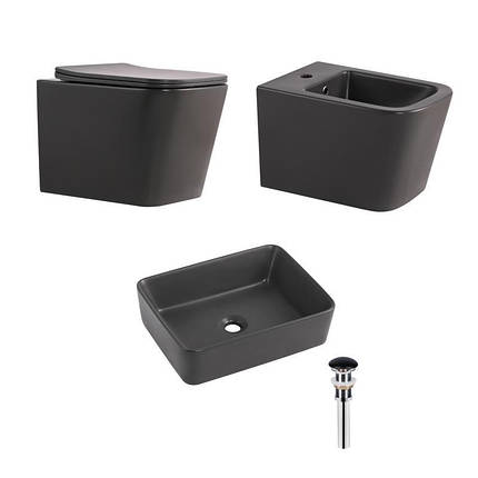Комплект Qtap Tern Anthracite 3 в 1: унітаз підвісний Ultra Quiet + біде підвісне + раковина накладна QTTERAN49161, фото 1