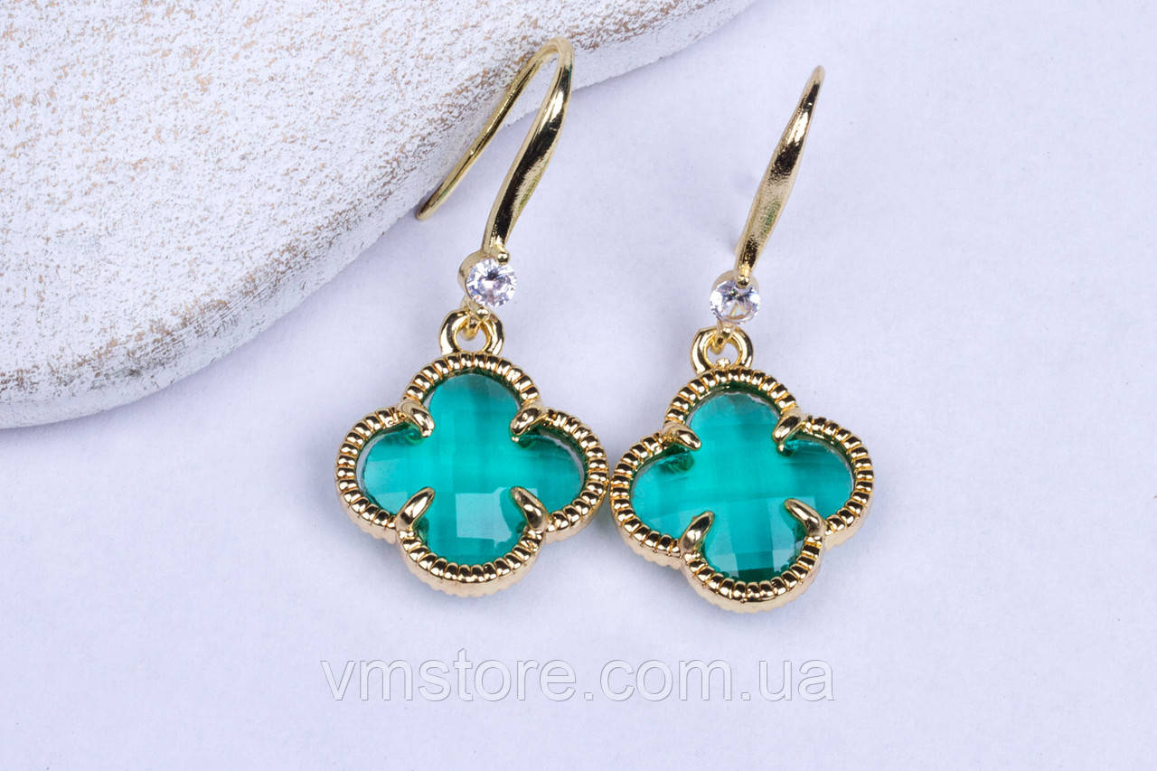 Сережки зелена конюшина, нержавіюча сталь, лимонний відтіннок, фото 1