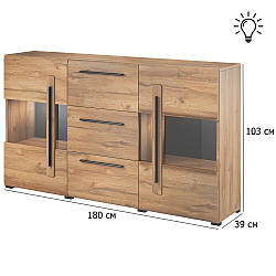 Комод вітрина у вітальню Tulsa 180 см дуб грандсон з підсвічуванням дверцятами та шухлядами в еко стилі