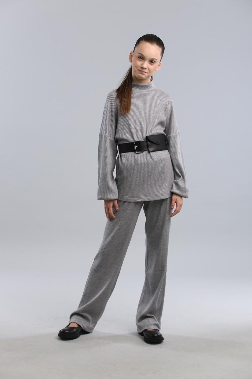 Ангревий костюм у рубчик сірий із поясом для дівчаток, фото 1
