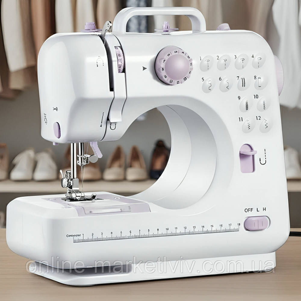 Швейна машинка 12в1 з оверлоком та педаллю + котушки 2шт, FHSM-505 / Портативна міні швейна машинка, фото 1
