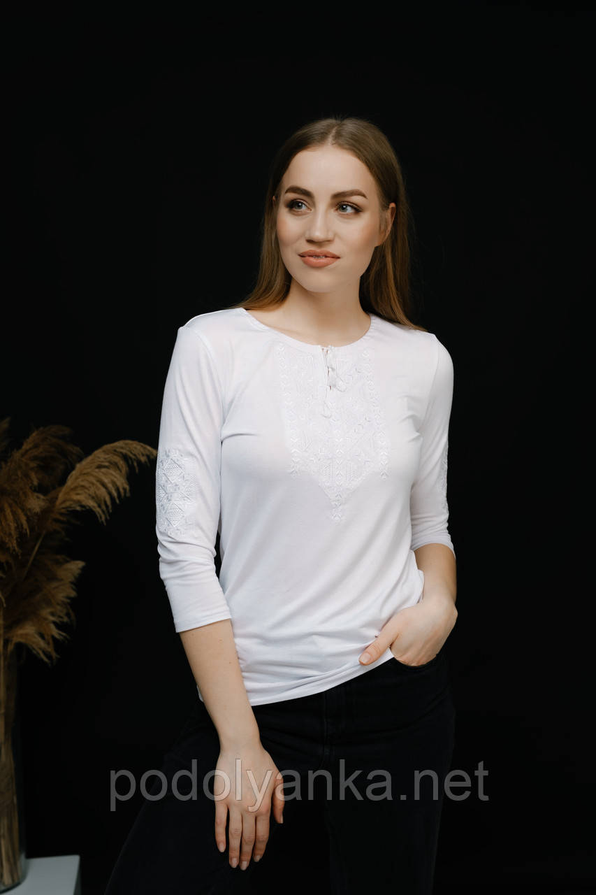Жіноча вишиванка Лоза біла на білому, рукав 3/4, фото 1