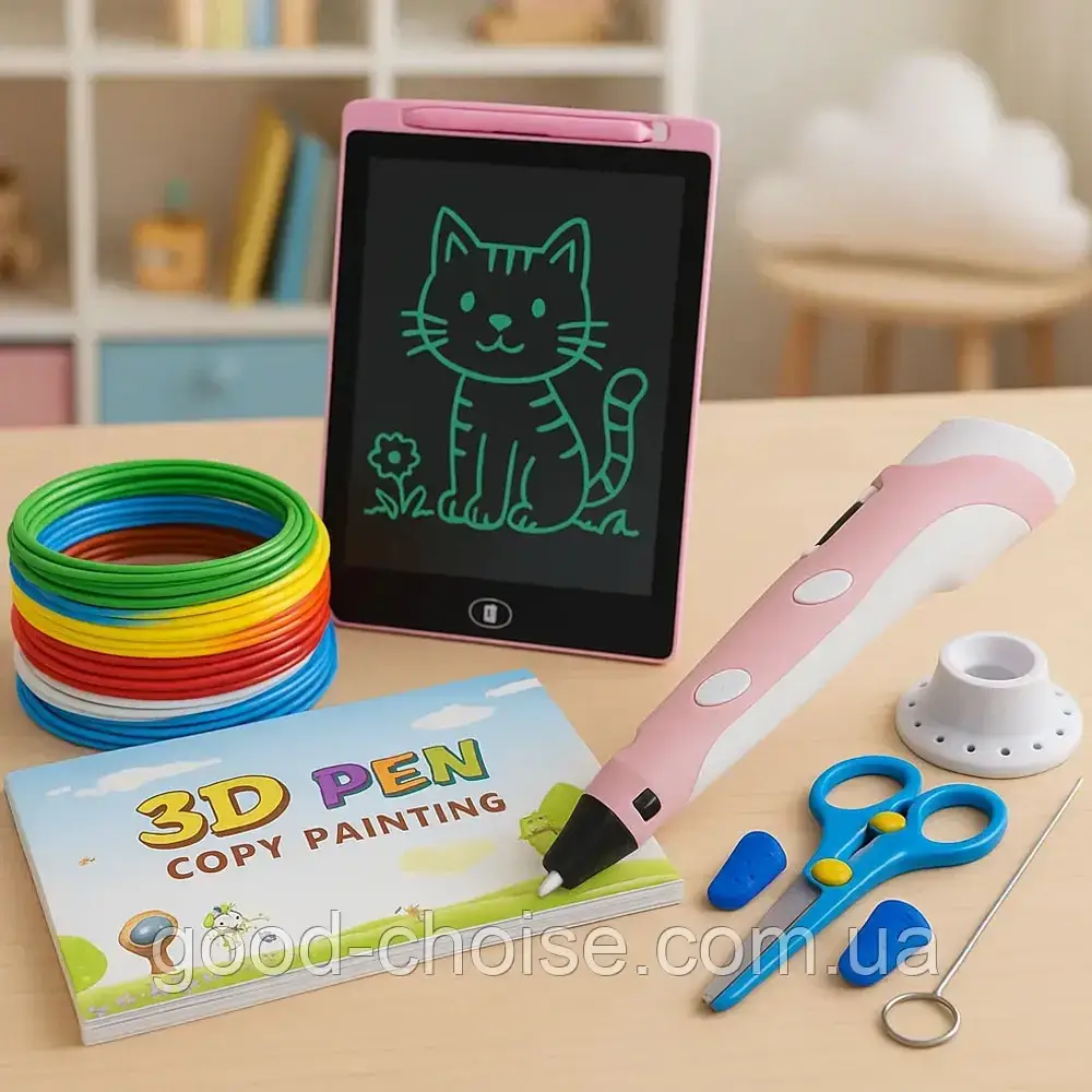 Набір 3D-ручка з трафаретами та планшетом, від мережі, 3DPEN-6, Рожевий / Дитяча 3д ручка / Набір для творчості, фото 1