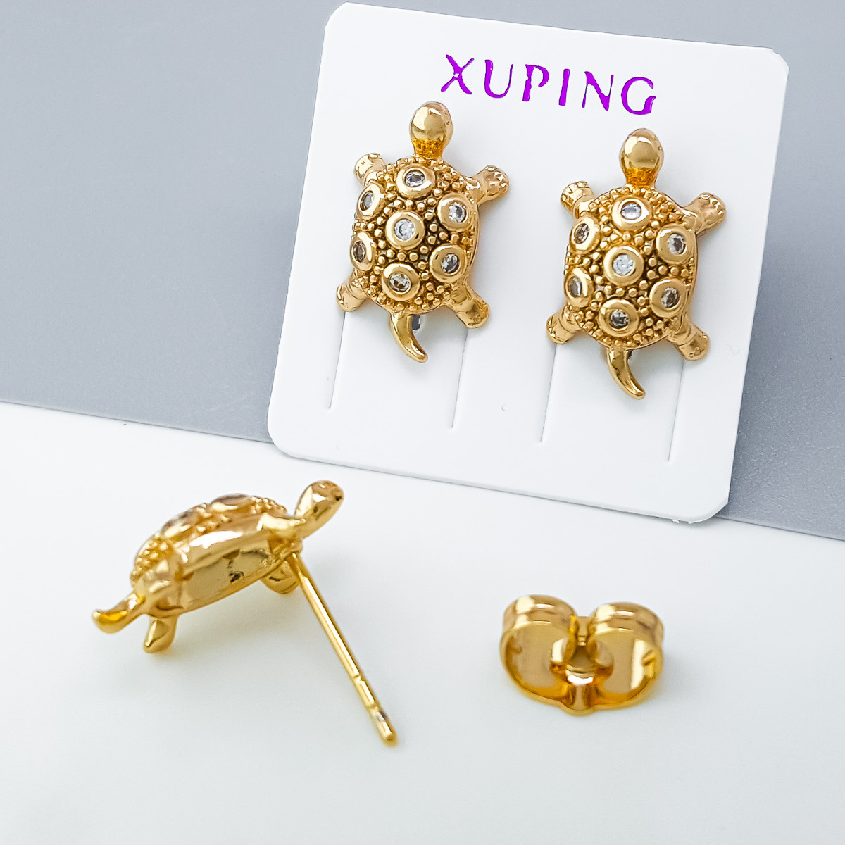 Сережки цвяшки Золоті Черепашки з цирконієм, медичне золото Xuping 18К, фото 1
