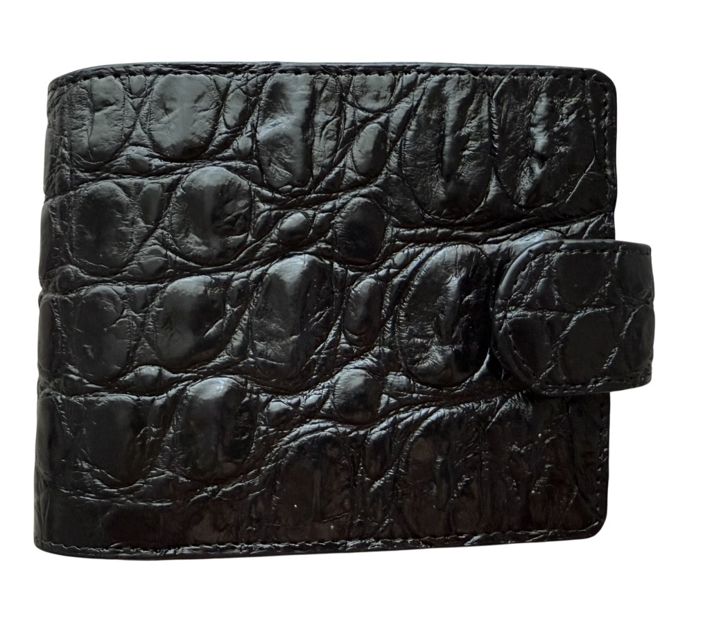 Гаманець портмоне чоловічий чорний з хлястиком зі шкіри крокодила Ekzotic leather (cw35_4)