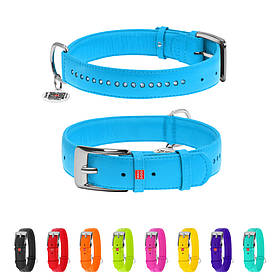 Нашийник для собак шкіряний WAUDOG Glamour з QR паспортом, подвійний зі стразами, M, Ш 20 мм, Дов 30-39 см блакитний yX.