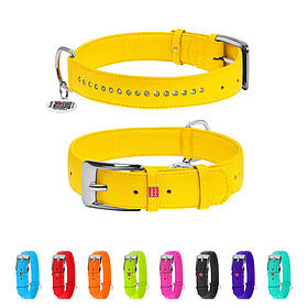 Нашийник для собак шкіряний WAUDOG Glamour з QR паспортом, подвійний зі стразами, Ш 35 мм, Дов 46-60 см жовтий yX.