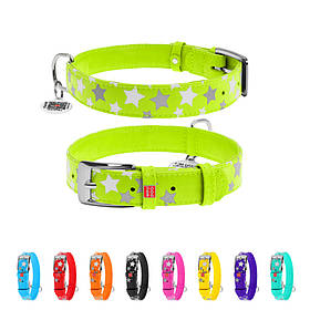 Нашийник для собак шкіряний WAUDOG Glamour з QR паспортом, візерунок "Зірочка", світлонакопичувальний/світловідбивний, L, Ш 25 мм,