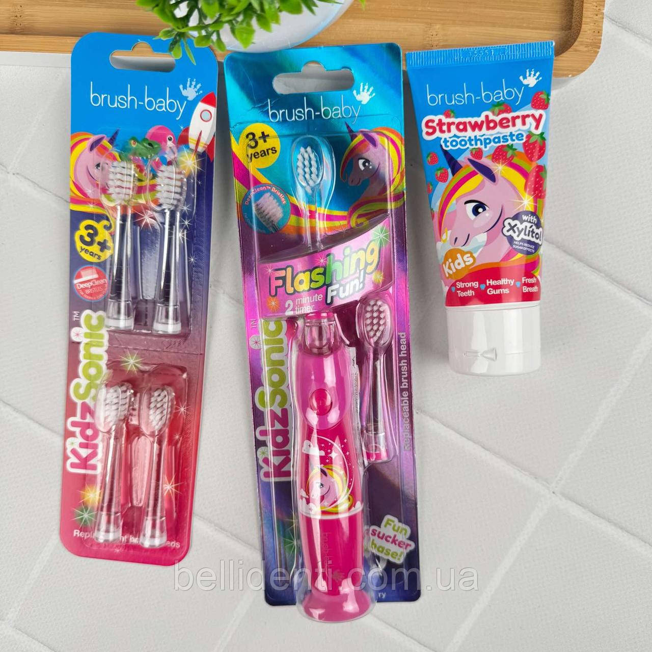 Набір Brush-Baby KidzSonic від 3 до 12 років (електрична щітка, зубна паста, запасні насадки), єдиноріжка