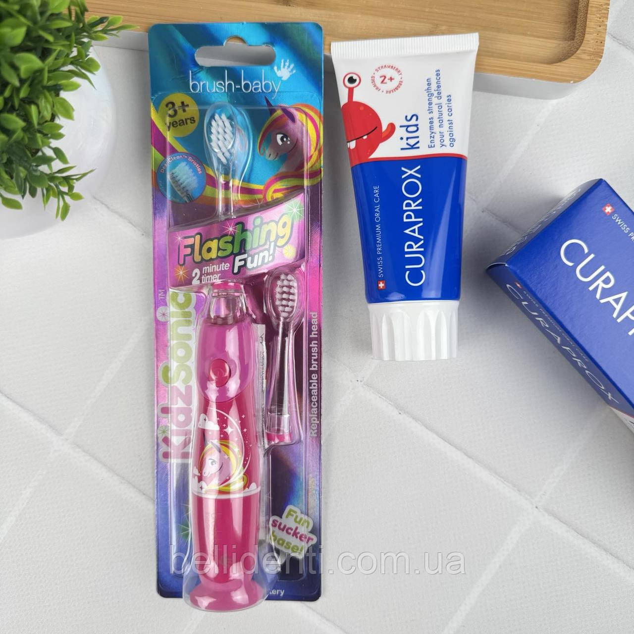 Набір Brush-Baby KidzSonic Curaprox Kids  від 3 до 6 років (паста 60 мл + електрична щітка), єдиноріжка
