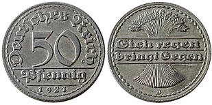 Молета 50 пфеннігів 1921 «Д» Німеччина Веймарська республіка.