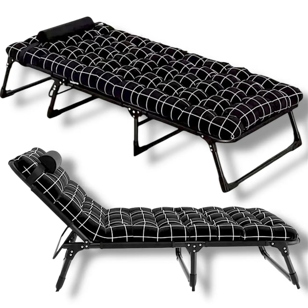 Ліжко розкладне з велюровим матрацом Leobro до 150 кг, розкладачка шезлонг з подушкою, клітинка, фото 1