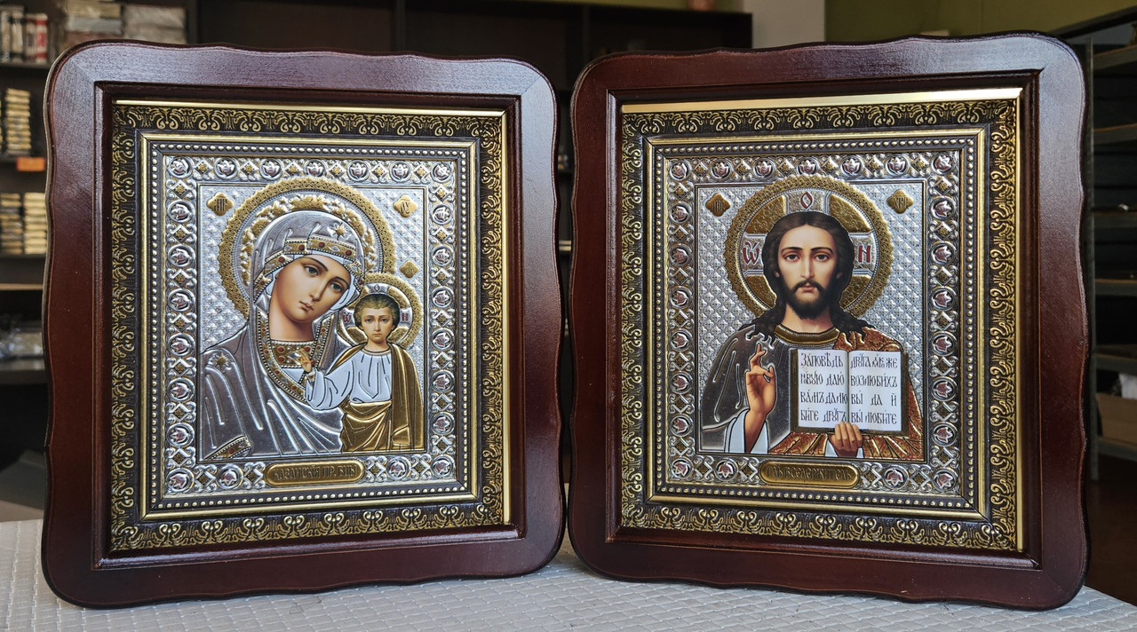 Ікона Вінчальні Спаситель, П.Б.Казанська в темному дерев'яному кіоті під склом, 26*23, лик під срібло 15*18., фото 1