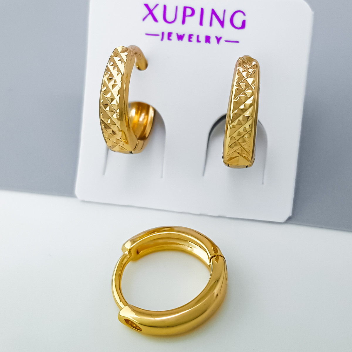 Сережки Доріжка з насічками, без камінців, медичне золото Xuping 18К, фото 1