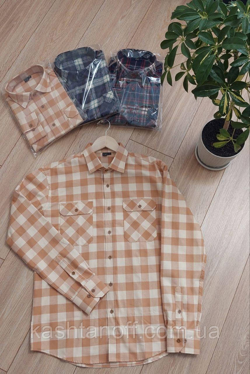 Чоловіча фланелева сорочка молочного кольору в бежеву клітинку, фото 1