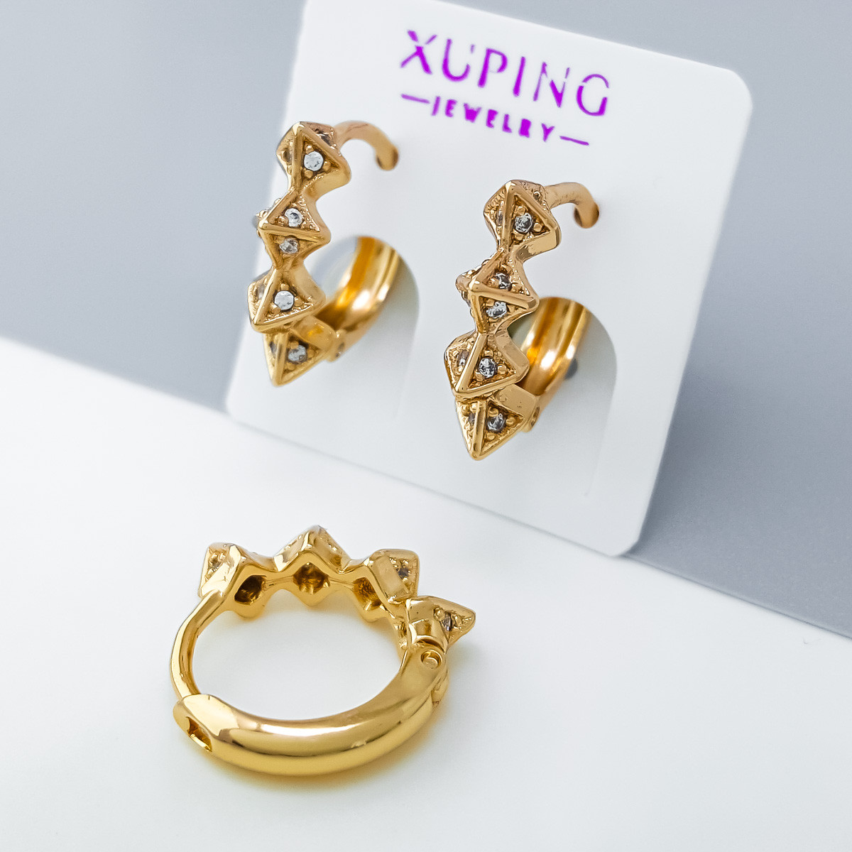 Сережки Рельєфна Доріжка з цирконієм, медичне золото Xuping 18К, фото 1