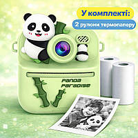 Дитячий фотоапарат миттєвого друку в чохлі з пандою Children's fun Camera S11 з підтримкою microSD card на 2 камери Зелений