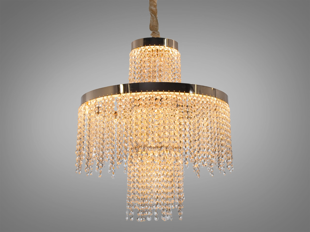 Кругла кришталева люстра LED золотиста з двома рівнями підвісок 100w, фото 1
