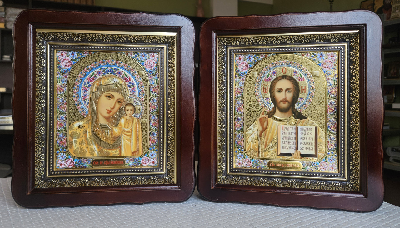 Ікона Вінчальні для дому в темному фігурному дерев'яному кіоті під склом, 26*23, сюжет із квітами 15*18., фото 1