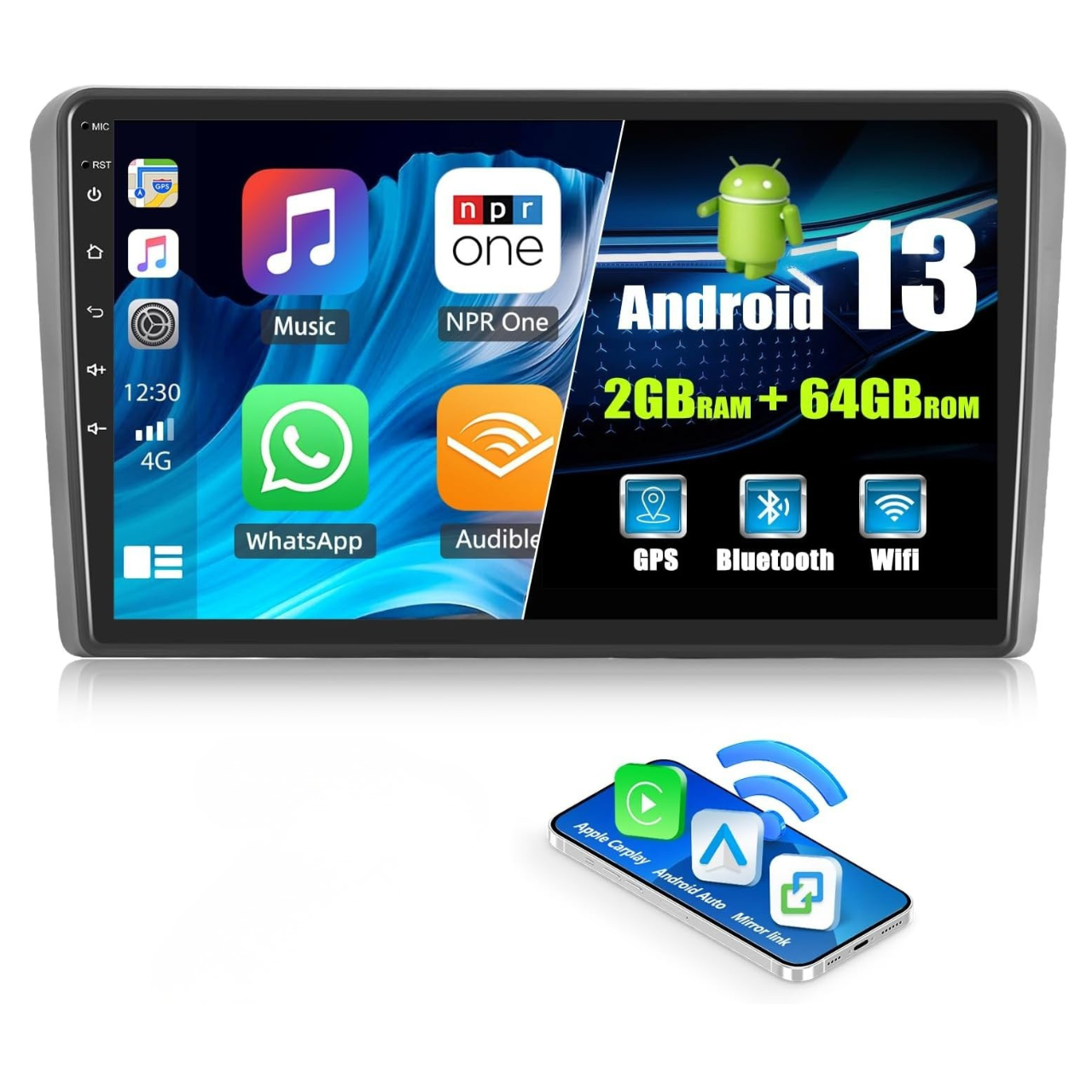 Автомагнітола SIXWIN Android 13 2+64G для Audi A3/S3/RS3 8P, 9" сенсор, CarPlay, Android Auto, WiFi, GPS, Bluetooth, фото 1