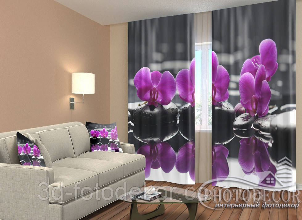 3D Фото Штори "Орхідеї на каменях" 2,5м*2,6м (2 полотна по 1,30м), тасьма
