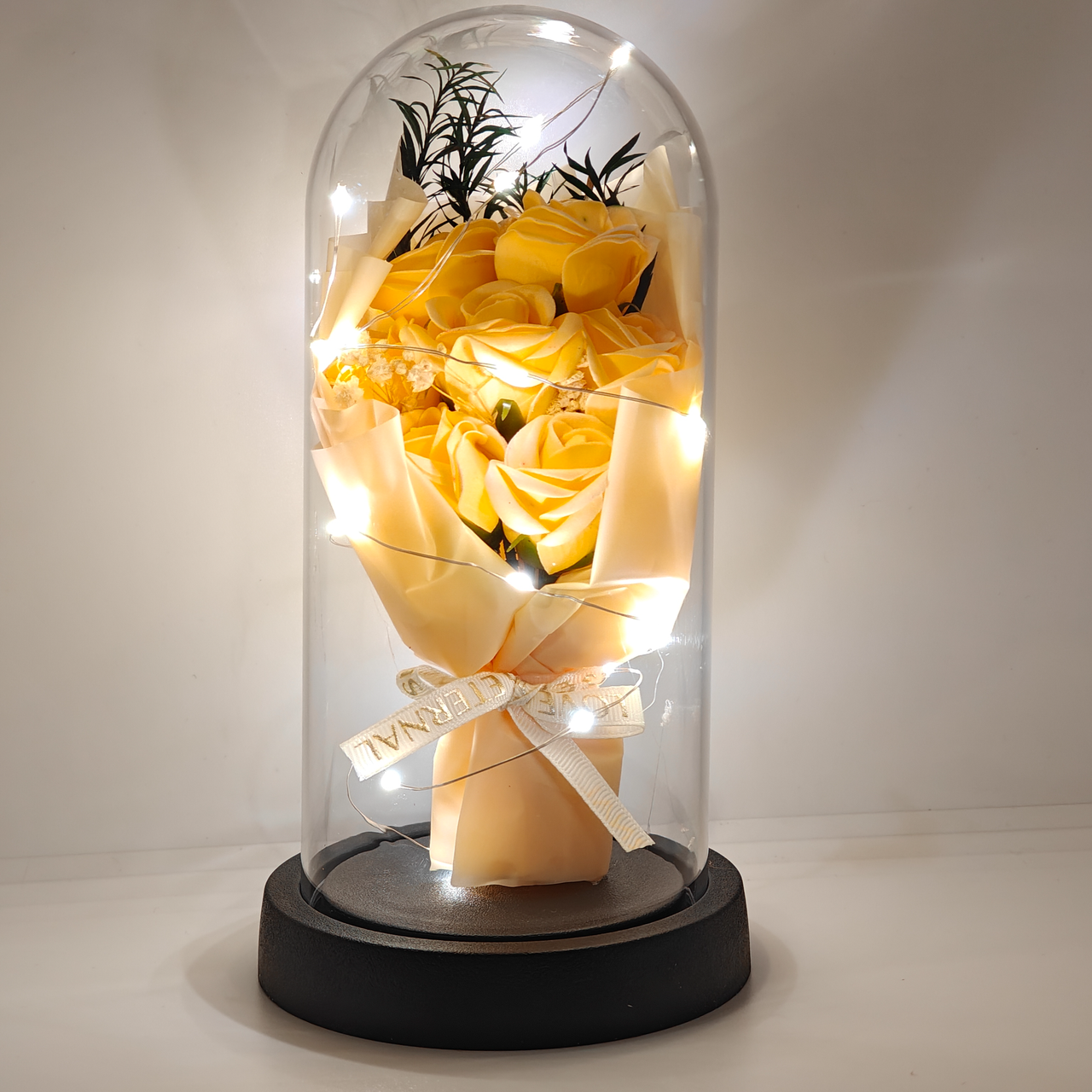 Троянда в скляній колбі з led підсвічуванням «Жовтий букет» 21 см на батарейках, романтичний подарунок в подарунковій коробці, фото 1