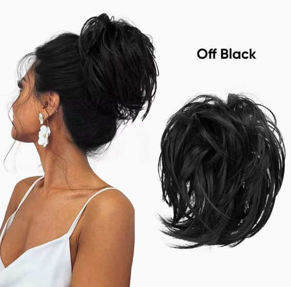 Резинка-шиньйон для волосся – чорний обʼємний пучок  з пасмами 20 см, фото 1