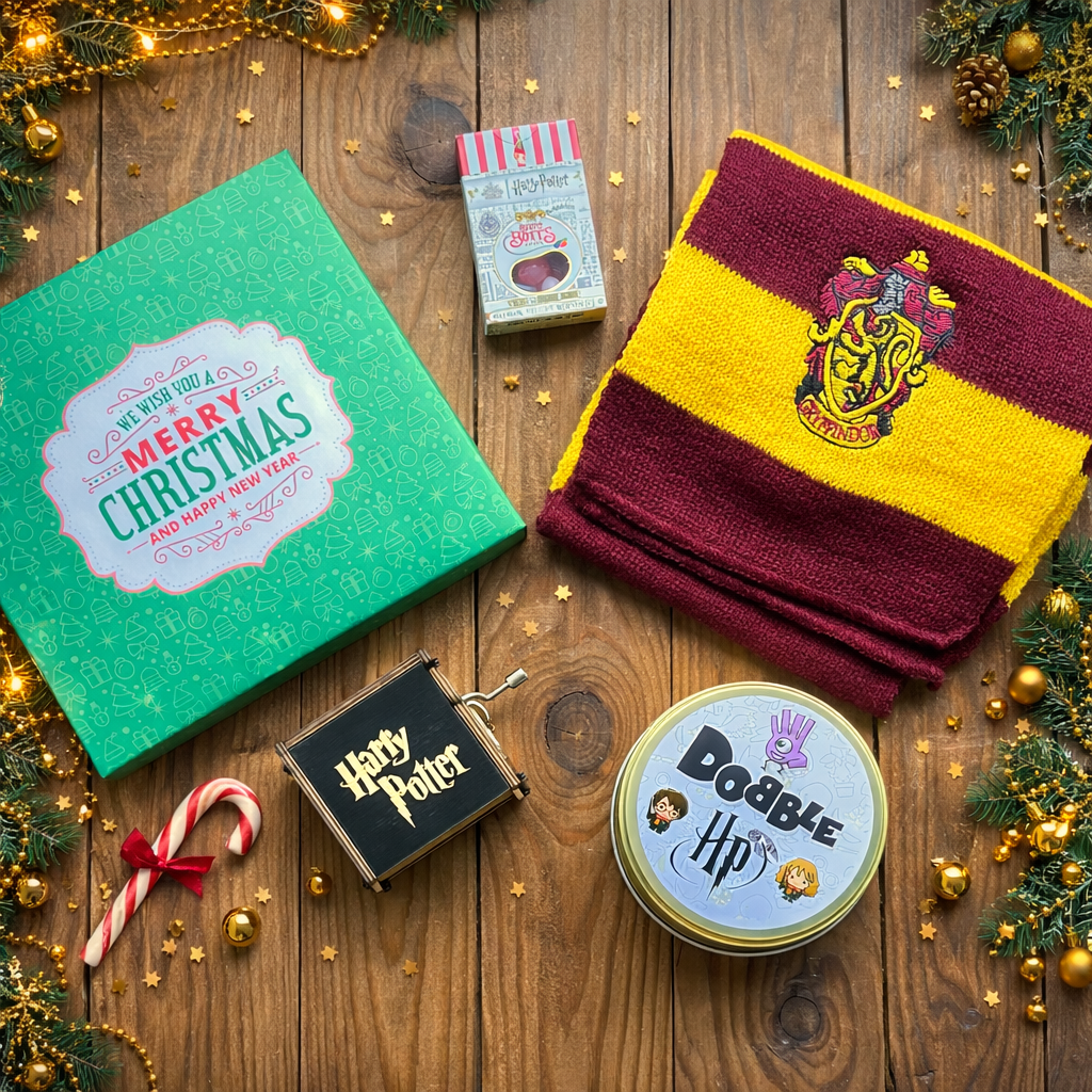 Подарунковий набір Гаррі Поттер Новорічний бокс з шарфом Грифіндор (боби, шарф, музична скринька, гра Доббль)