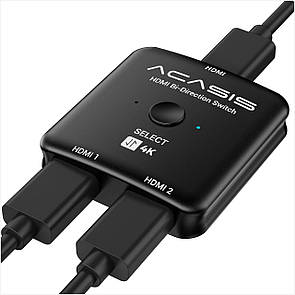 HDMI перемикач ACASIS 2-в-1/1-в-2 HDMI 2.0 (4K@60 Гц, HDR, 3D, 18 Гбіт/с) для PS5/PS4/PS3, Xbox, Blu-ray, Fire Stick, Roku, чорний