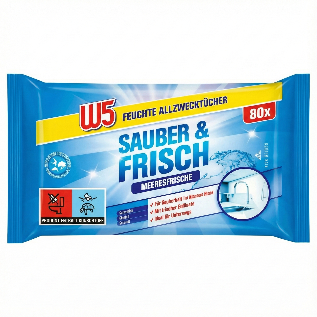 Вологі серветки для прибирання W5 Frisch&Sauber Морська свіжість 80 шт. Серветки для меблів, фото 1