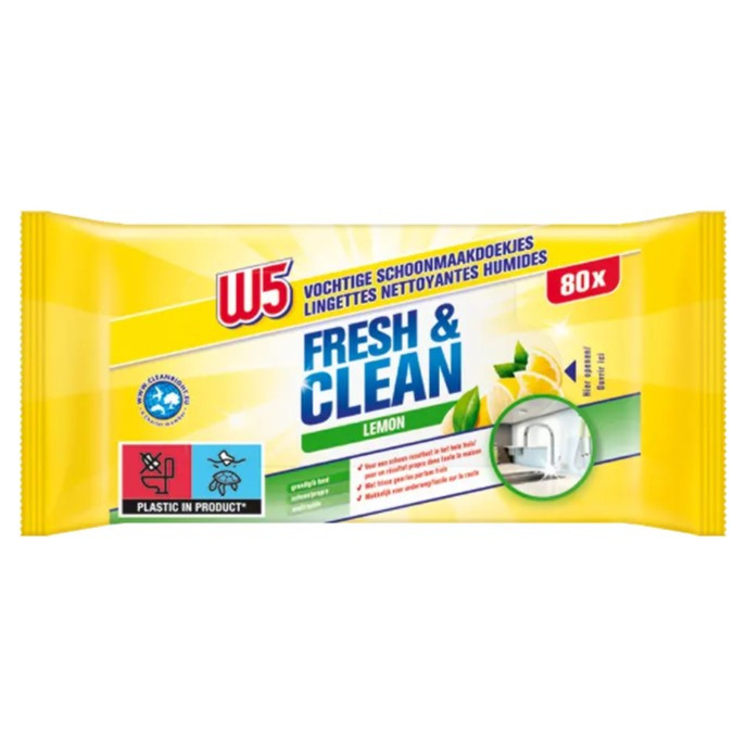 Вологі серветки для прибирання W5 Fresh&Clean Лимон 80 шт. Не залишають розводів, фото 1