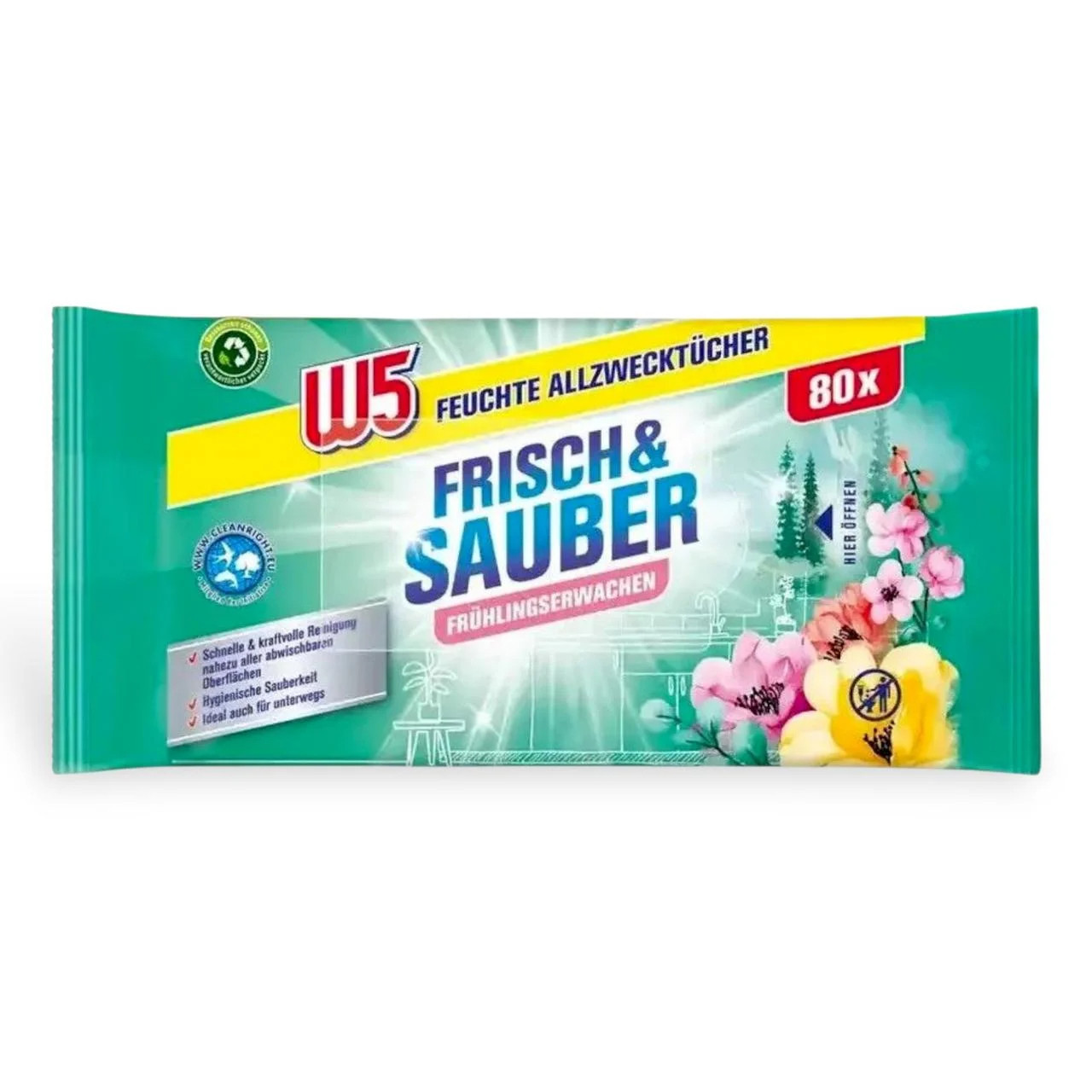 Вологі серветки для прибирання W5 Frisch&Sauber Весняне пробудження 80 шт. Серветки для меблів, фото 1