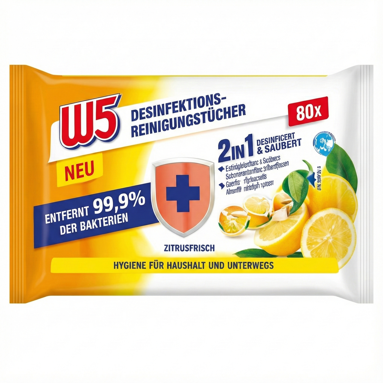 Вологі серветки для прибирання W5 2в1 дезінфекція та очищення Citrus 80 шт. Цитрусовий мікс (лимон/лайм), фото 1